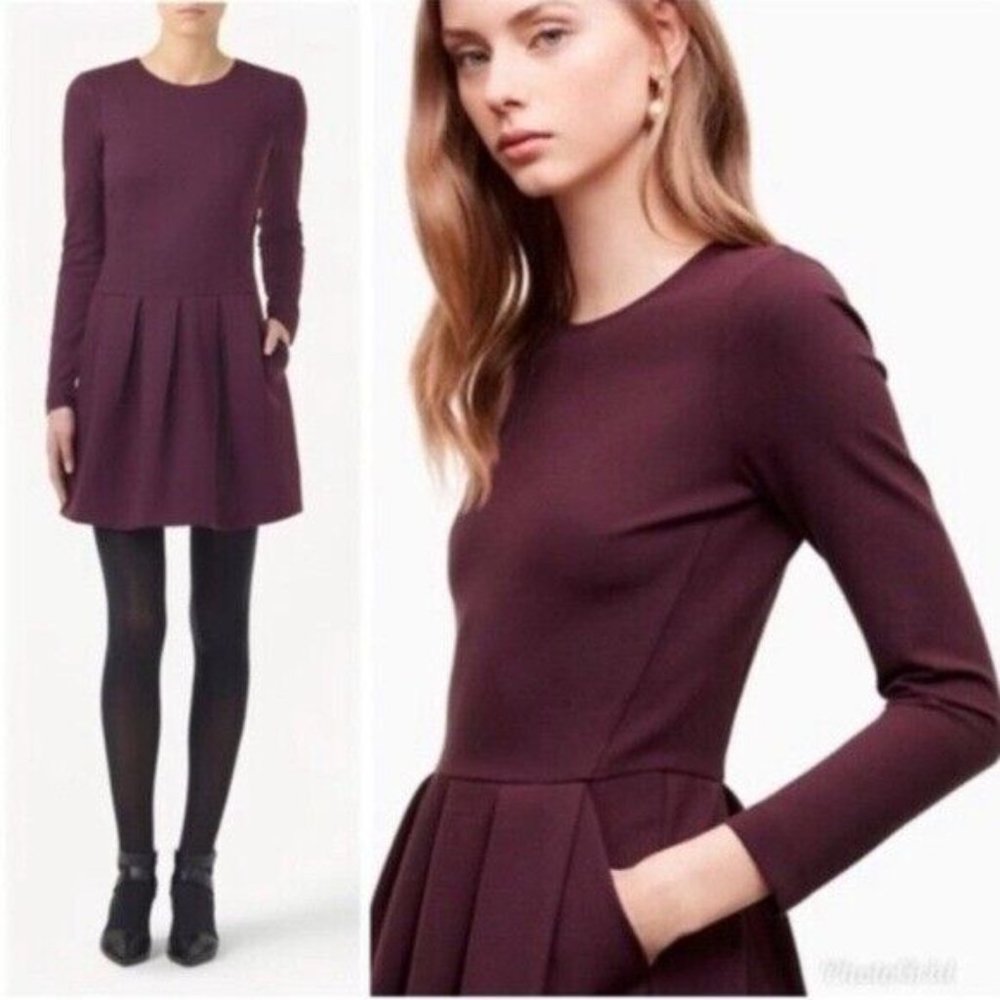 New Aritzia Long Sleeve Pleats Plum Purple Above Knee Dress , NWT